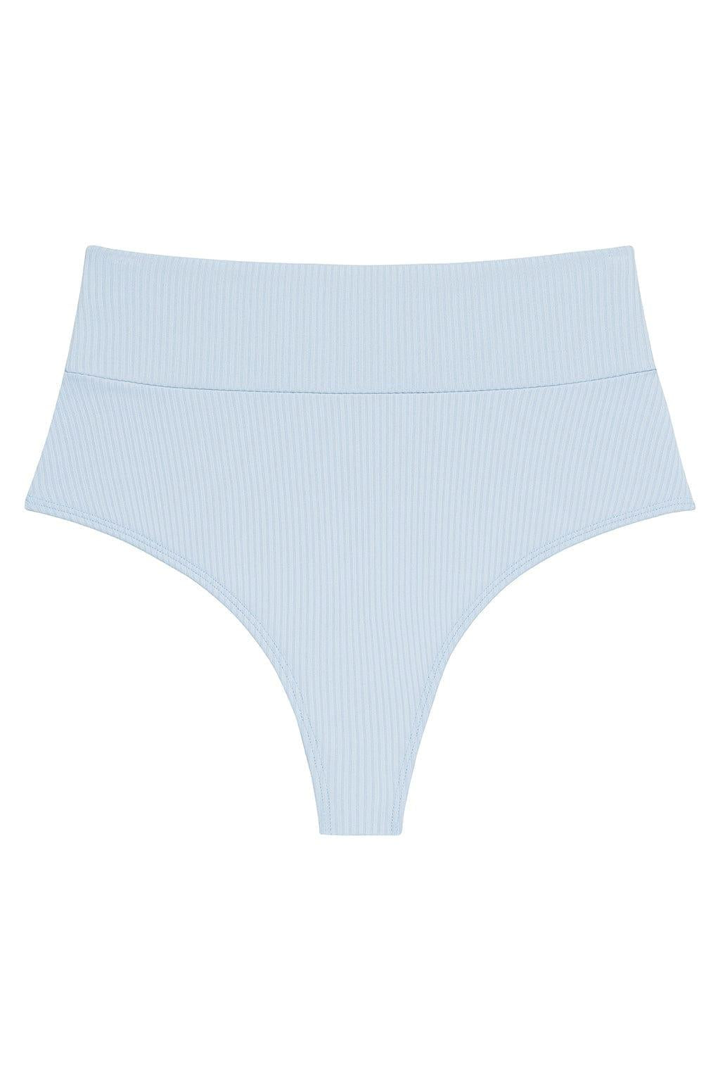 Light blue ribbed high-rise bikini bottom with wide waistband and thong-style back.