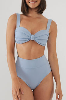 Light blue ribbed high-rise bikini bottom with full coverage and wide waistband.