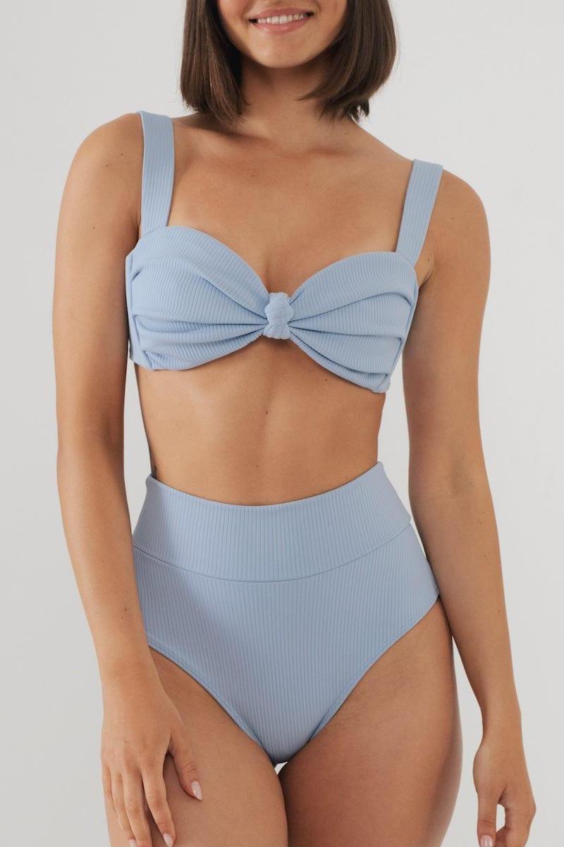 Light blue ribbed high-rise bikini bottom with full coverage and wide waistband.
