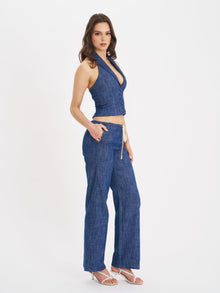 Rafaella Cotton Denim Halter Lapel Top | Navy