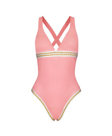 Pink one-piece swimsuit with gold trim on a white background