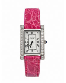 Pink Diamond Rectangular Watch Genuine Leather Watch | White