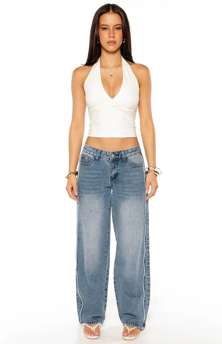Posey Contrast Seam Wide Leg Jeans | Mid Wash