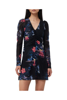 Printed Mesh Gathered Mini Dress | Black