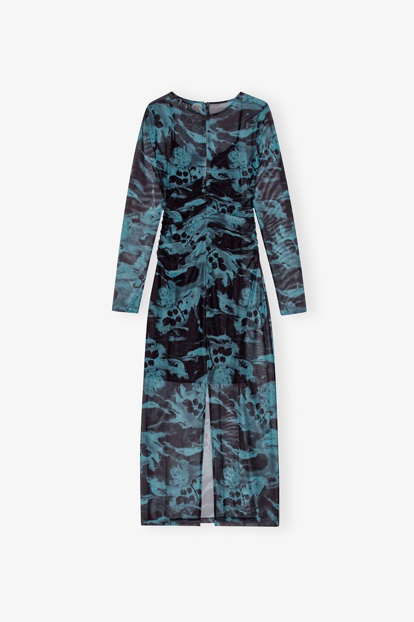 Printed Mesh O neck Ruched Long Dress | Blue Shadow