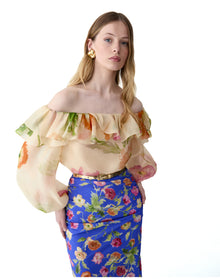 Off Shoulder Puff Sleeve Top | Almond Multi