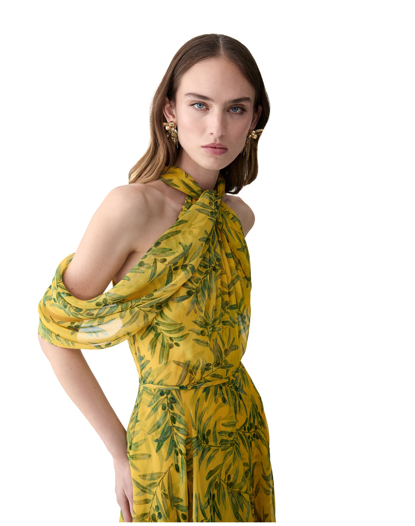 Halter Neck Draped Off Shoulder Midi Dress | Daffodil/Multi