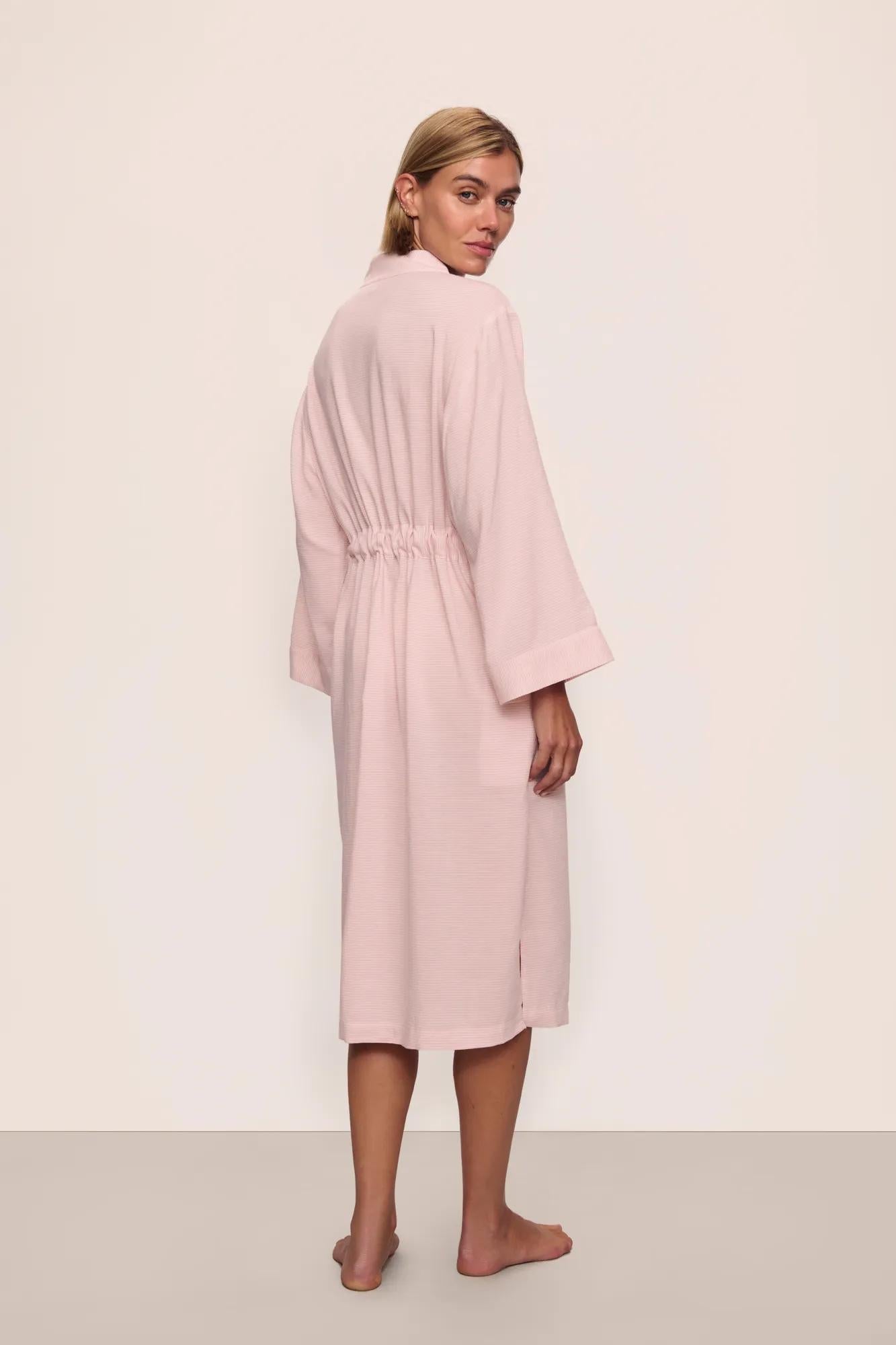 Model is wearing Nautico Midi Robe in  Feeder Stripes Pale Mauve/White