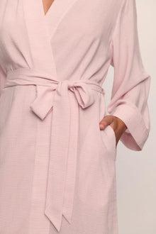 Model is wearing Nautico Midi Robe in  Feeder Stripes Pale Mauve/White