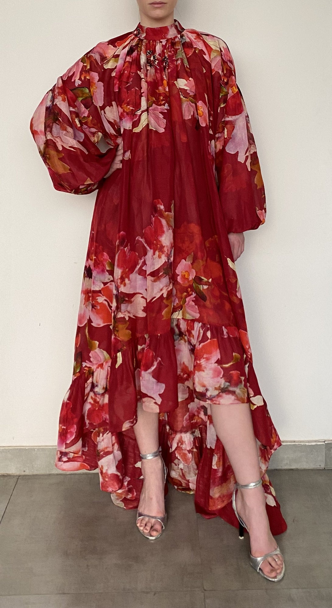 High Low Long Dress With Tie-Up Belt And Slip | Burgundy Mix