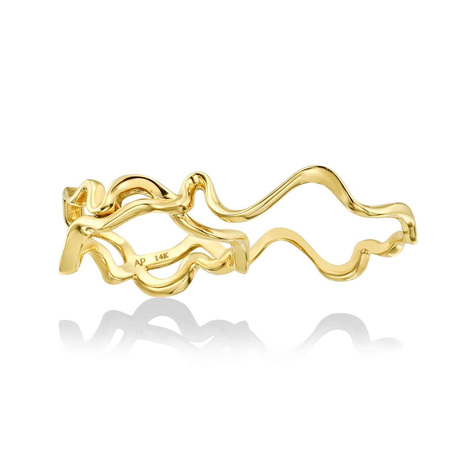 14k gold Double Finger Ripple Ring on white background