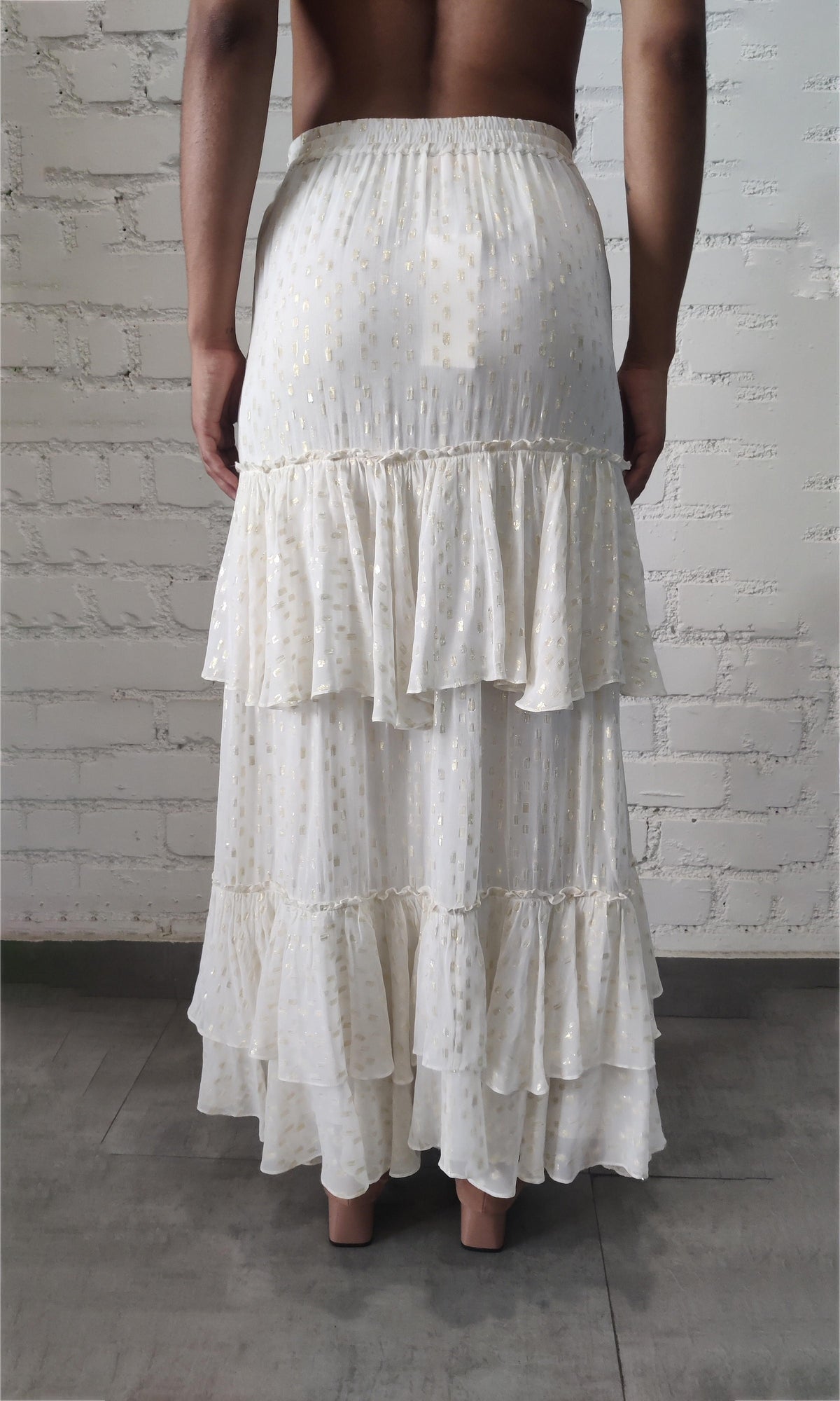 Rococo Sand | Aine Viscose Georgette Gold Boota Lurex Long Skirt | White