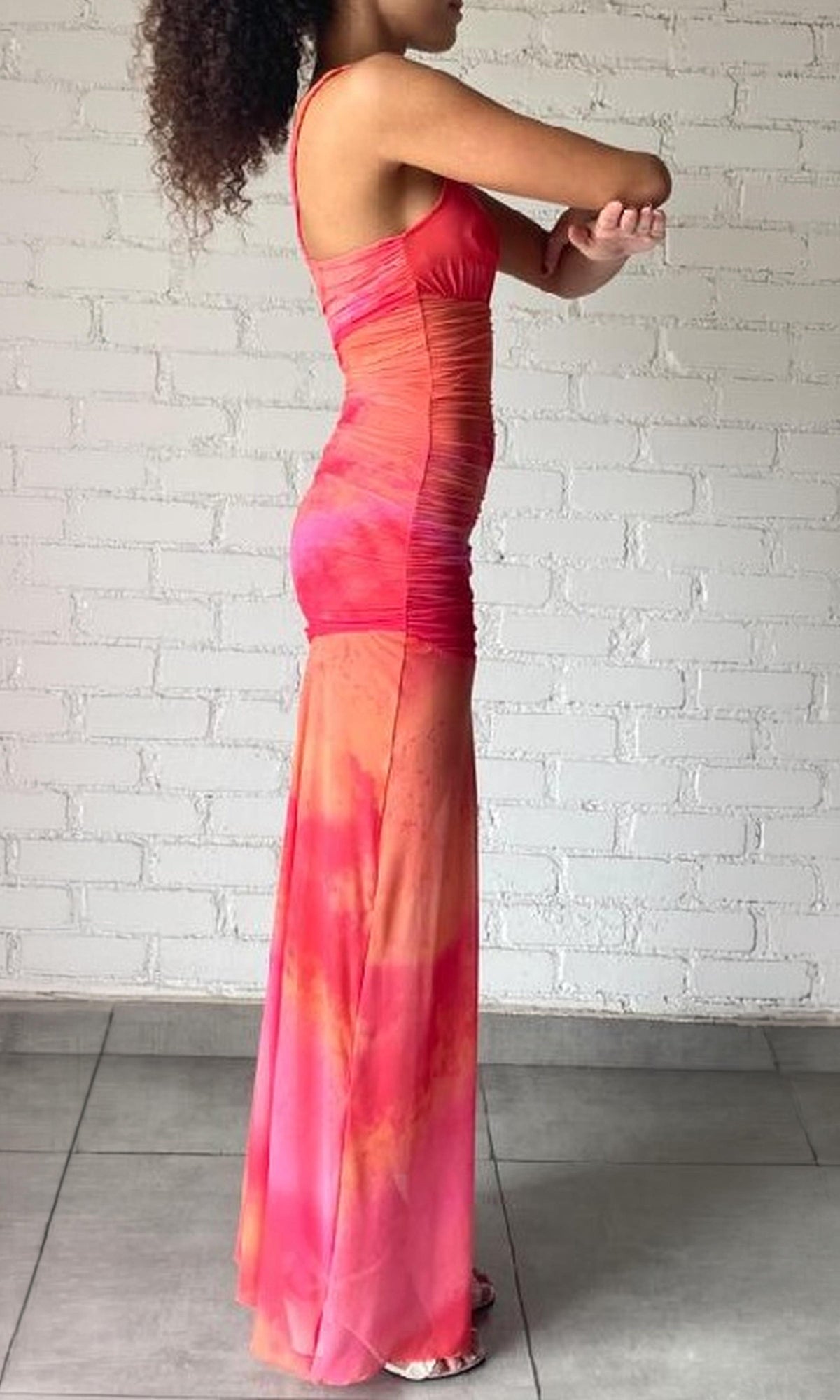 Rococo Sand | Amber Power Mesh Long Dress | Orange/Yellow