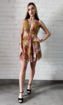 Rococo Sand | Avar Viscose Georgette Short Dress | Ochre