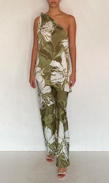 Rococo Sand | Avo Polyester Satin Lycra One Shoulder Top | Green