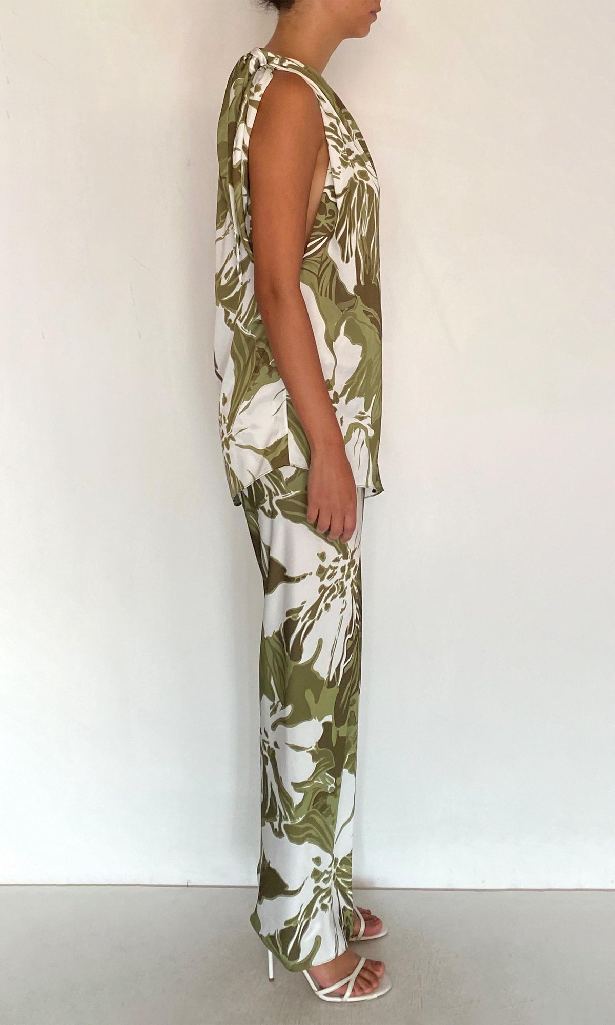Rococo Sand | Avo Polyester Satin Lycra One Shoulder Top | Green