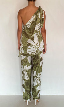 Rococo Sand | Avo Polyester Satin Lycra One Shoulder Top | Green