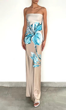 Rococo Sand | Bleu Polyester Satin Lycra Strapless Maxi Dress | Beige Blue