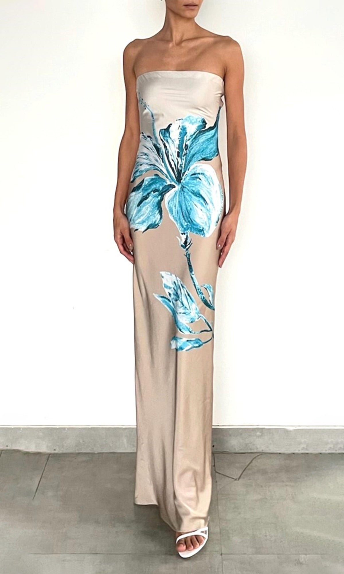 Rococo Sand | Bleu Polyester Satin Lycra Strapless Maxi Dress | Beige Blue
