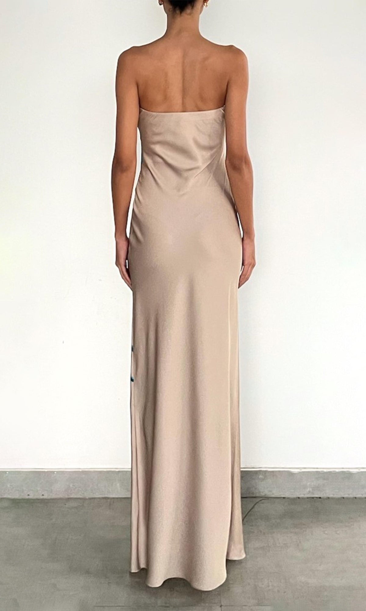 Rococo Sand | Bleu Polyester Satin Lycra Strapless Maxi Dress | Beige Blue