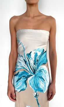 Rococo Sand | Bleu Polyester Satin Lycra Long Dress | Beige Blue