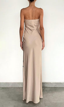 Rococo Sand | Bleu Polyester Satin Lycra Long Dress | Beige Blue