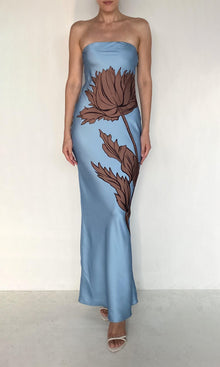 Rococo Sand | Cady Viscose Satin Strapless Maxi Dress | Blue