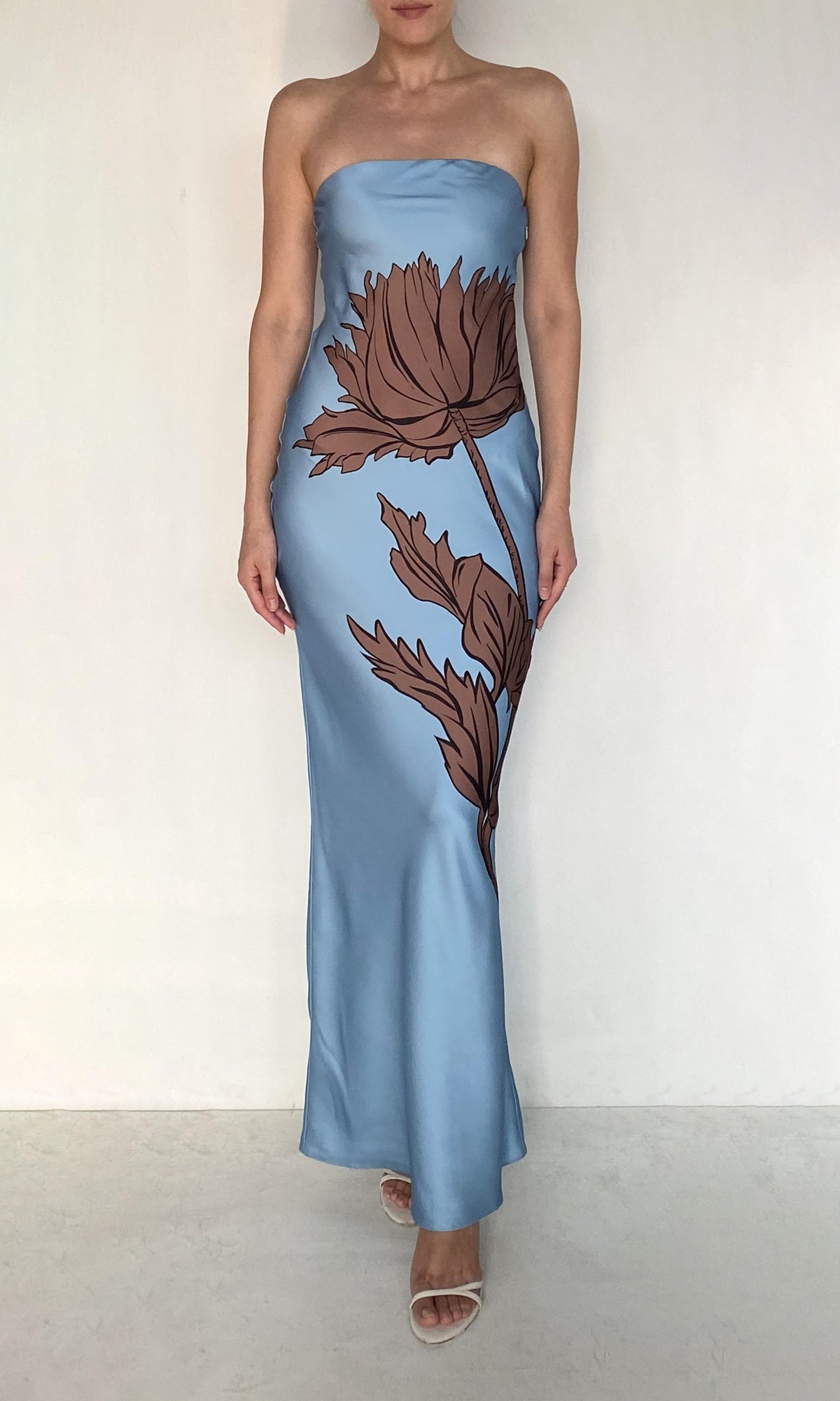Rococo Sand | Cady Viscose Satin Strapless Maxi Dress | Blue