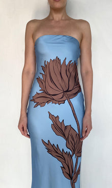 Rococo Sand | Cady Viscose Satin Strapless Maxi Dress | Blue