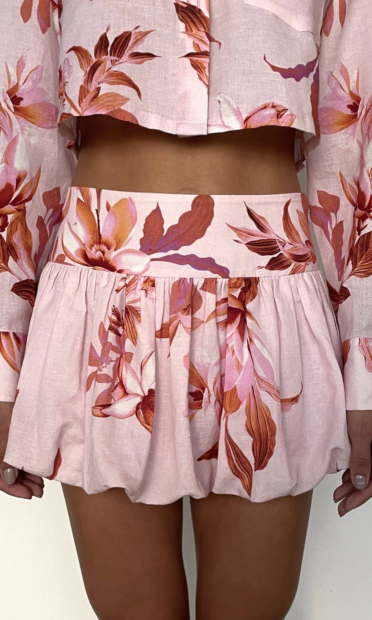 Rococo Sand | Cai Thin Linen Cotton Bubble Hem Mini Skirt | Pink Brown