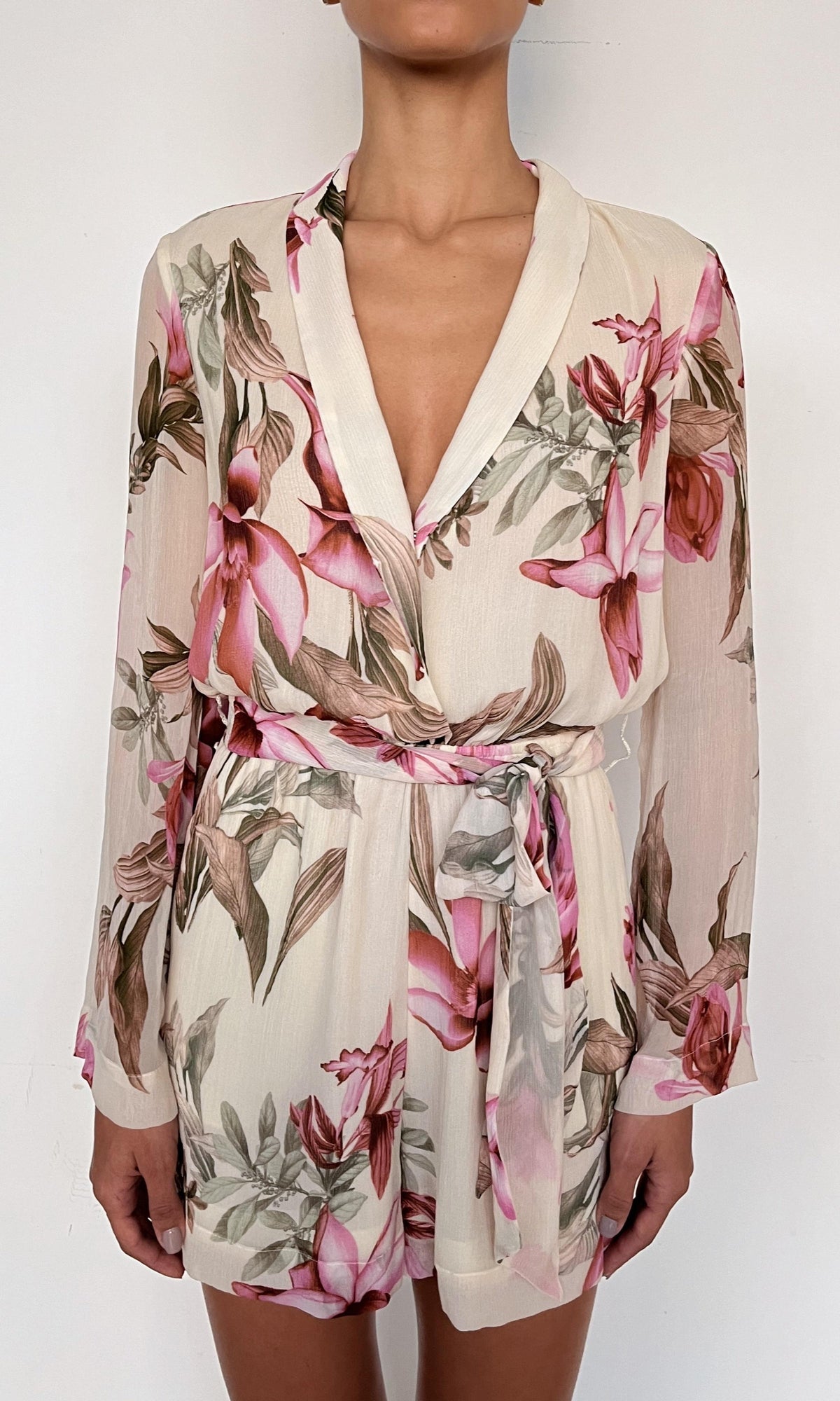 Rococo Sand | Cai Viscose Crinkle Chiffon Romper | Cream Pink Multi