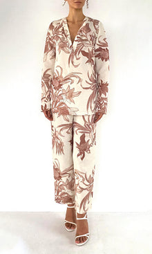 Rococo Sand | Cali Thin Linen Cotton V-Neck Top | Off-White Brown