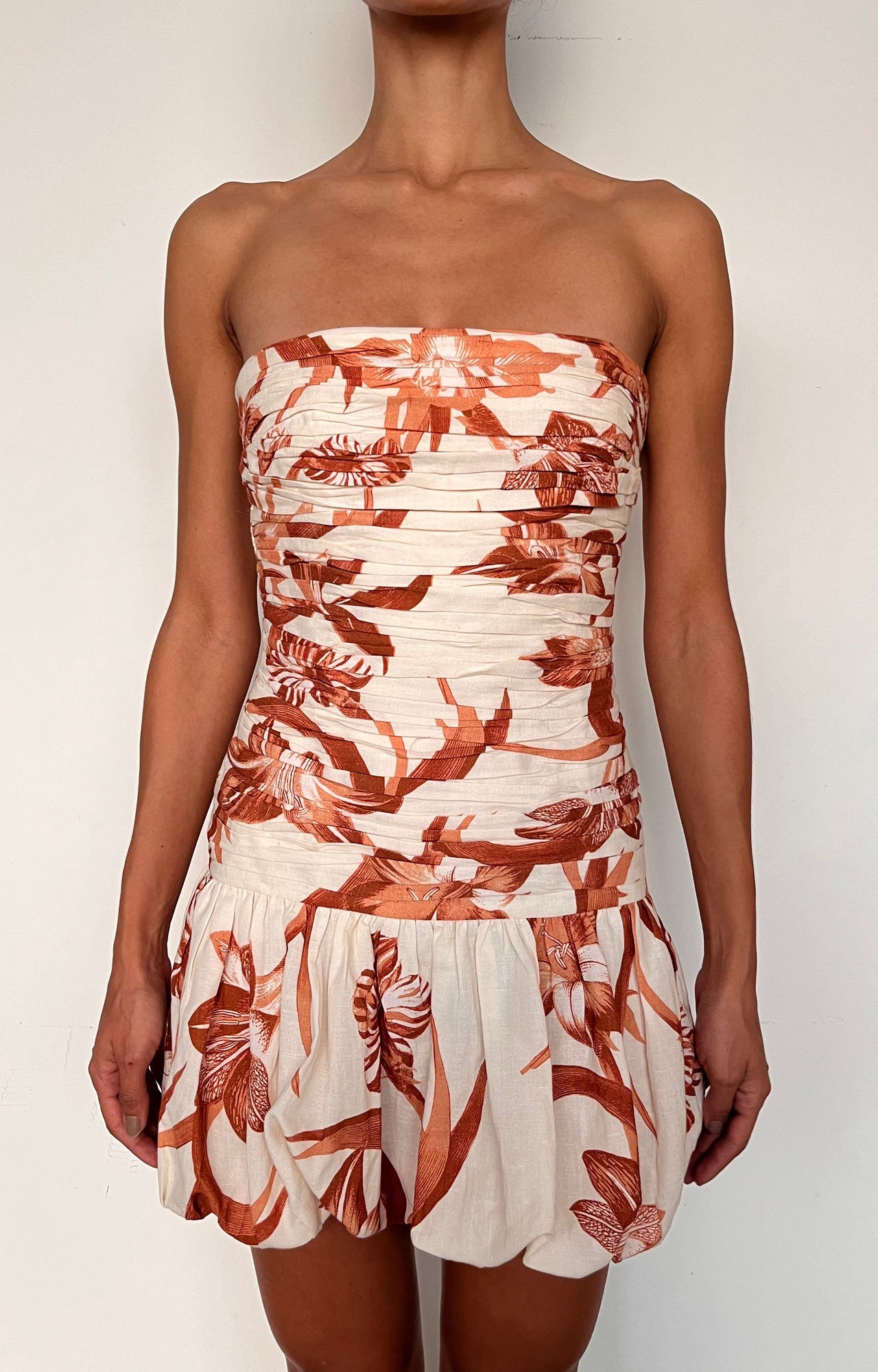 Bubble Hem Mini Dress | Beige/Brown