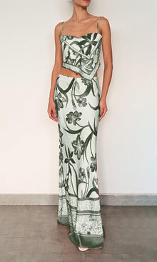 Rococo Sand | Ciro Polyester Satin Lycra Maxi Skirt | Sage Green