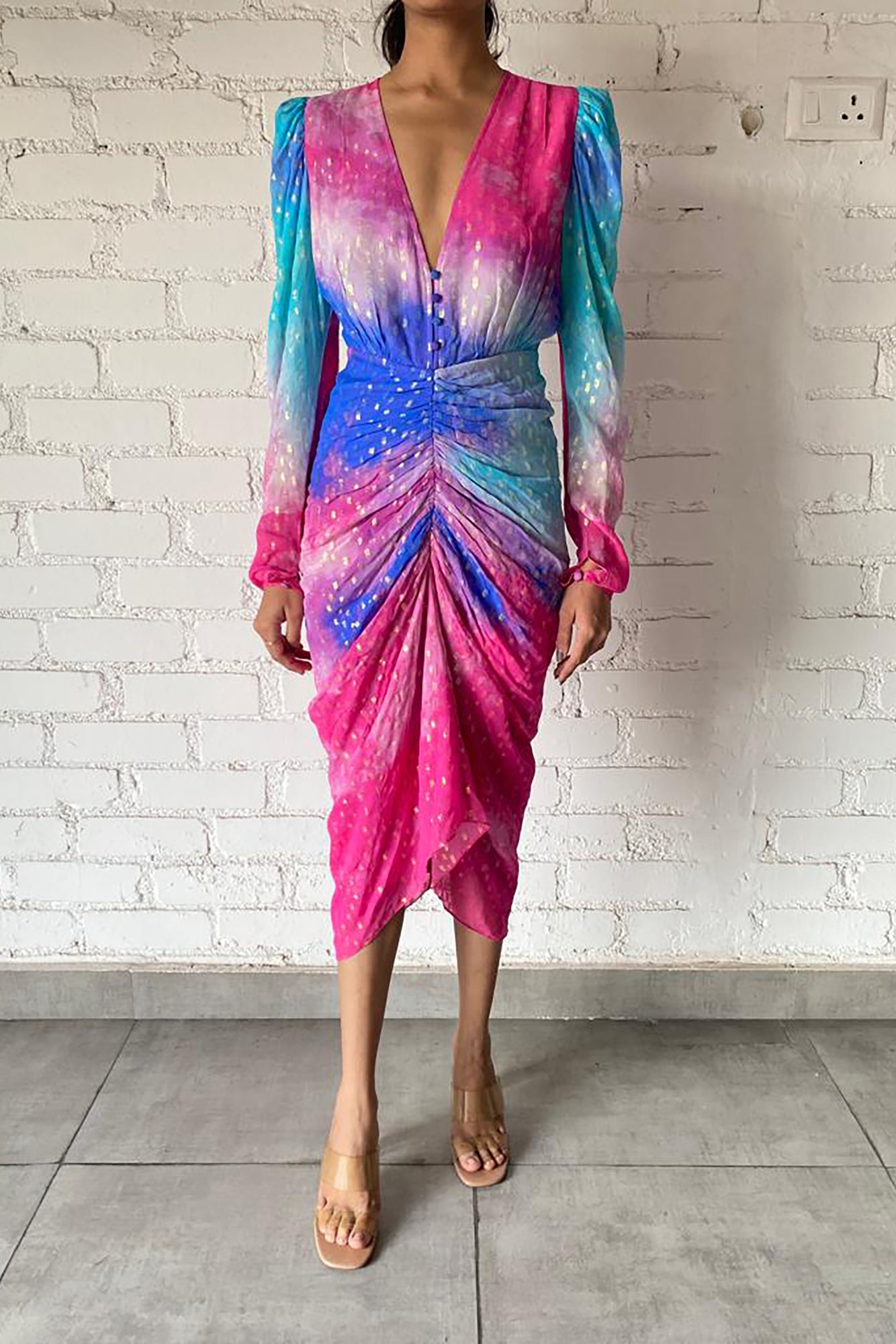 Cloud Viscose Georgette Buta Midi Dress | Blue/Pink