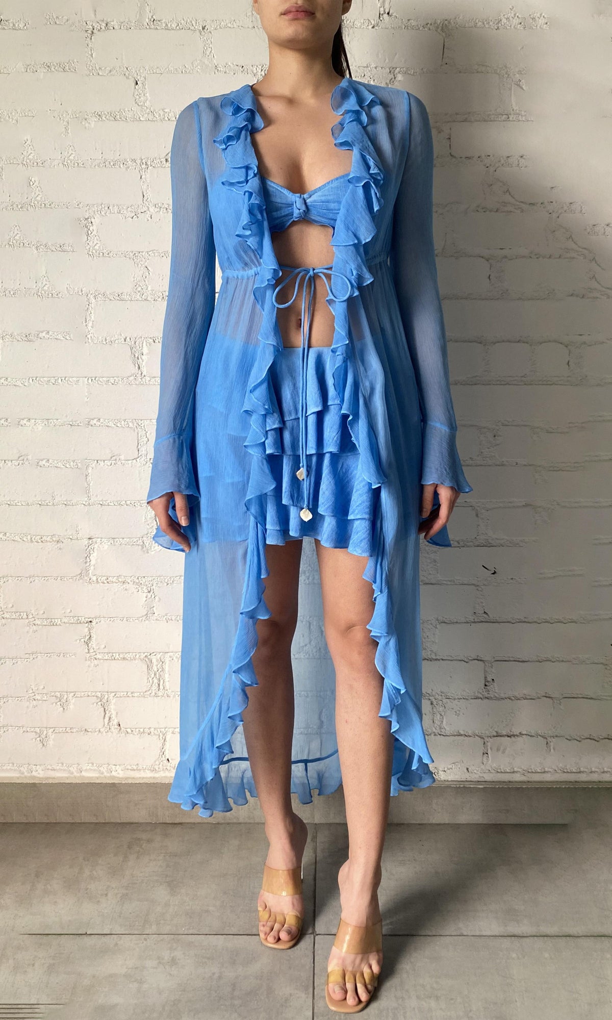 Rococo Sand | Cole Viscose Crinkle Chiffon Cape | Blue Wash