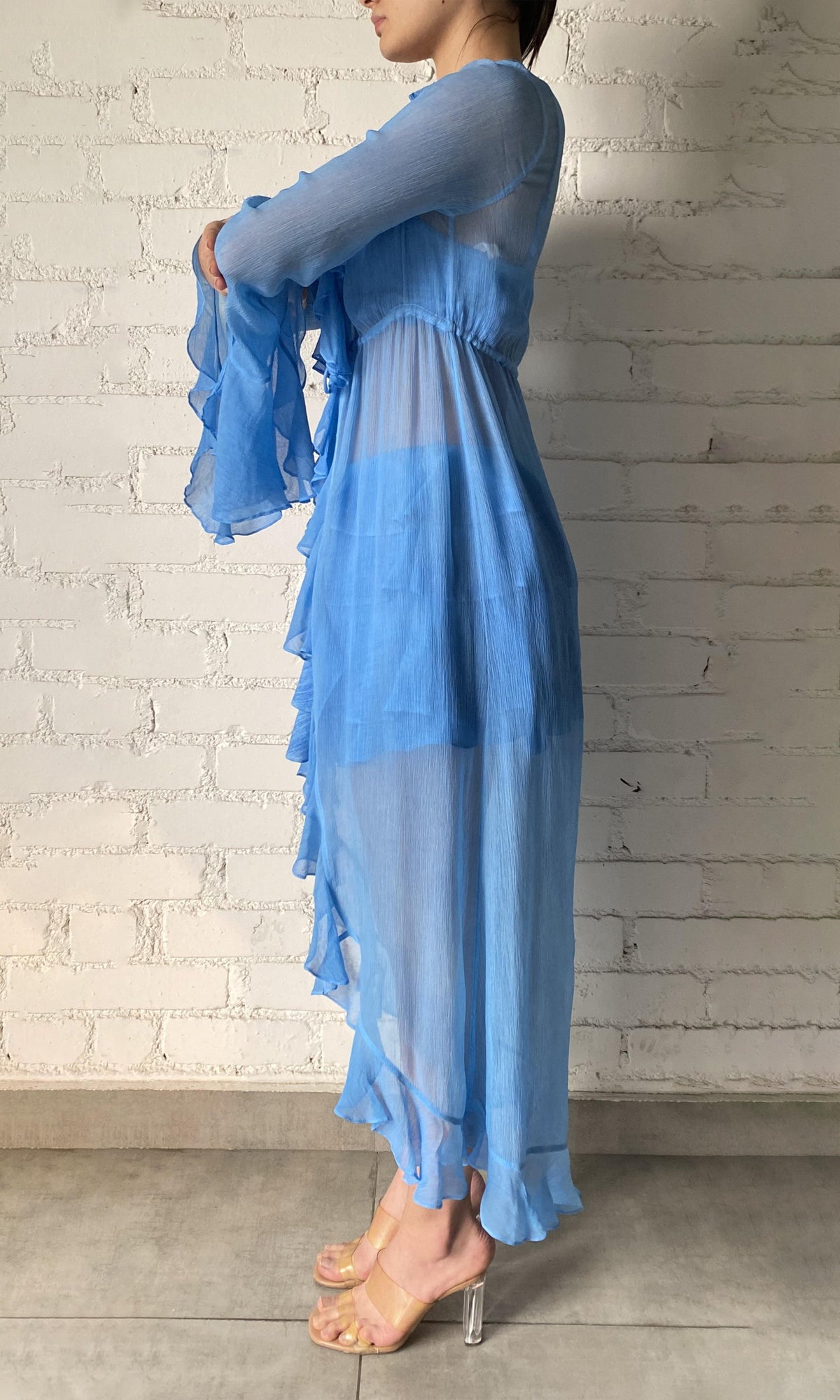 Rococo Sand | Cole Viscose Crinkle Chiffon Cape | Blue Wash
