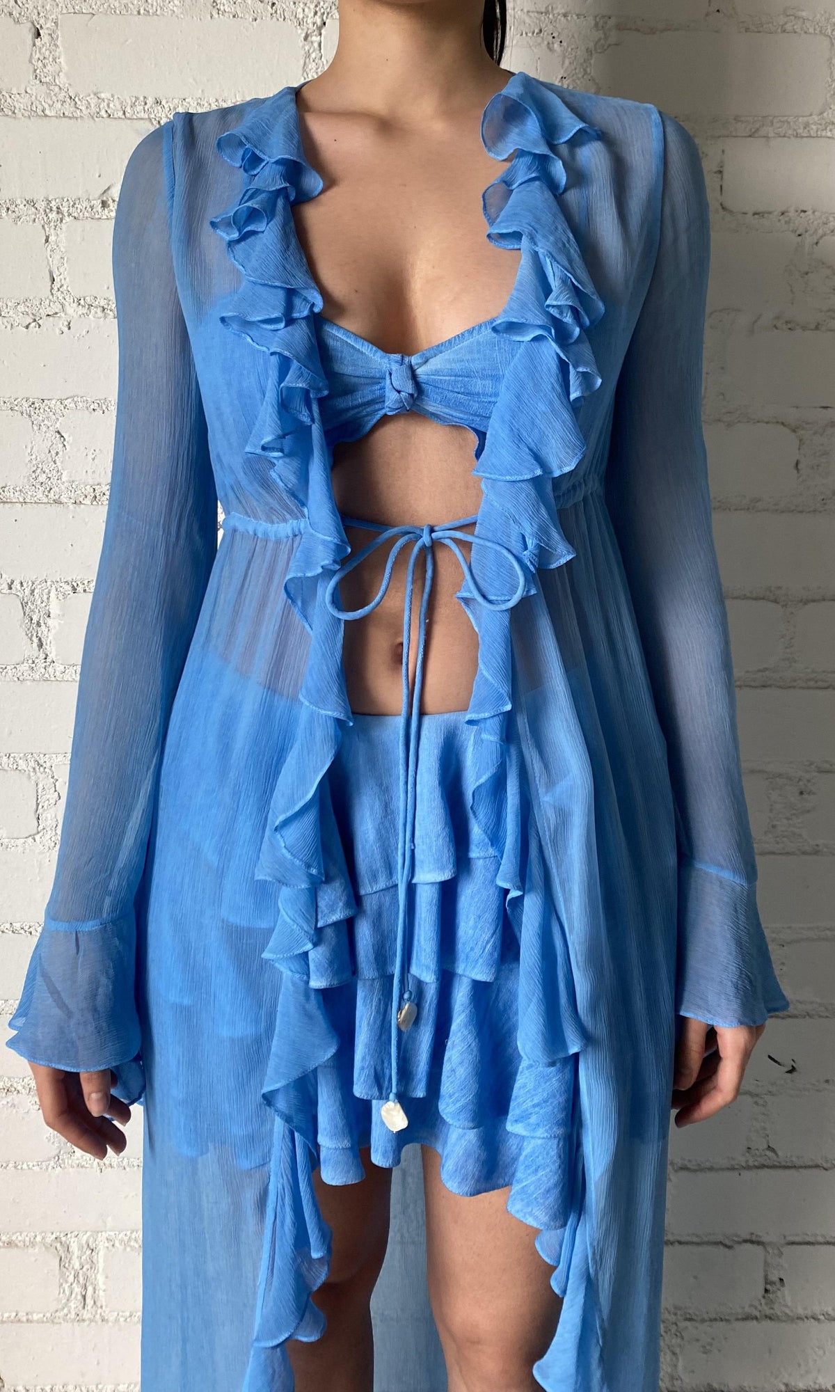 Rococo Sand | Cole Viscose Crinkle Chiffon Cape | Blue Wash