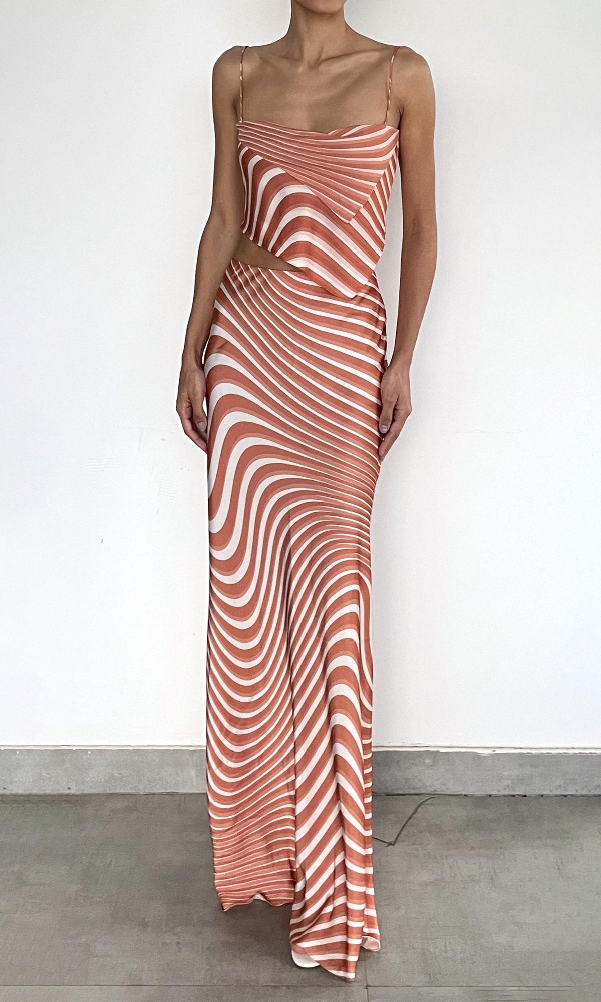 Rococo Sand | Czar Polyester Satin Lycra Maxi Skirt | Off-White Brown