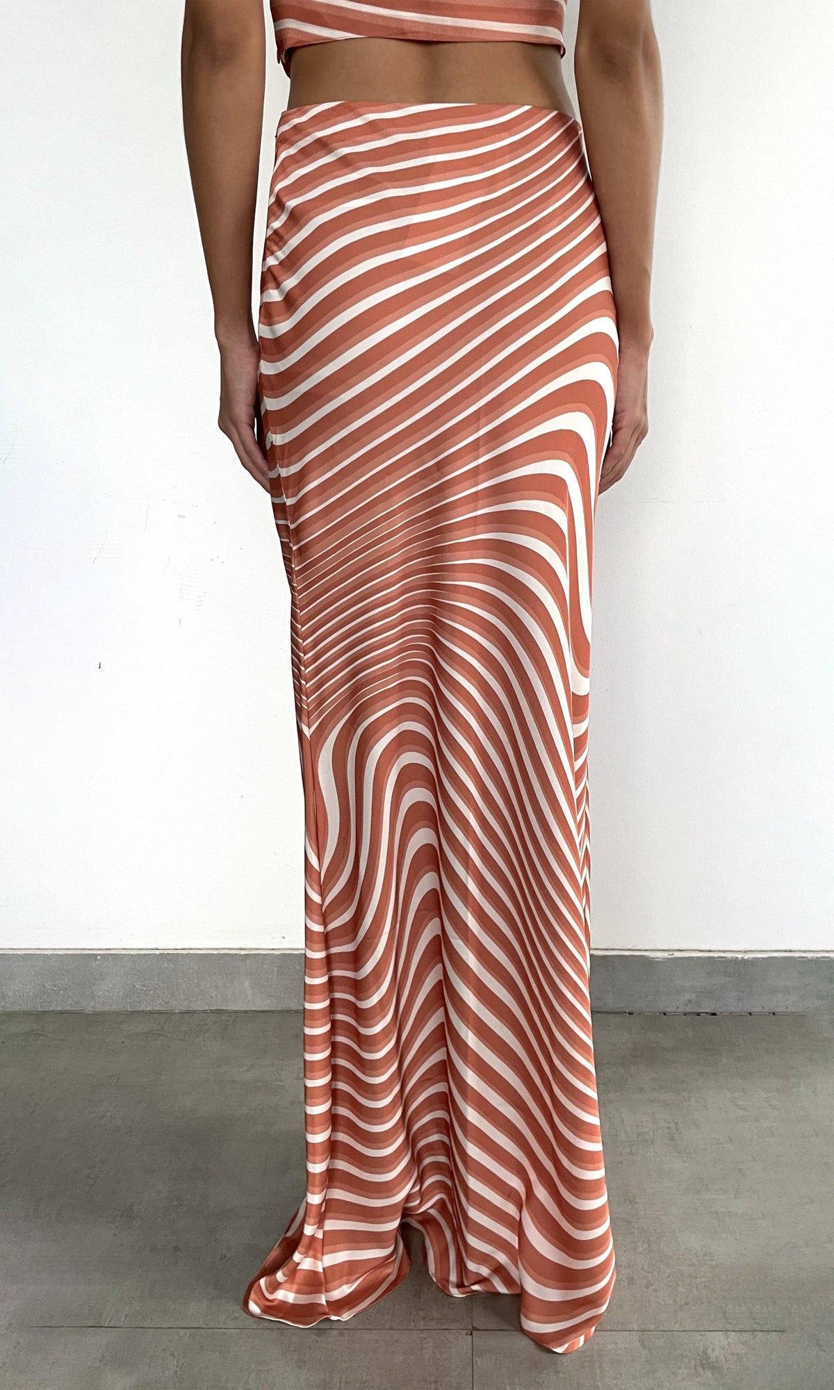 Rococo Sand | Czar Polyester Satin Lycra Maxi Skirt | Off-White Brown