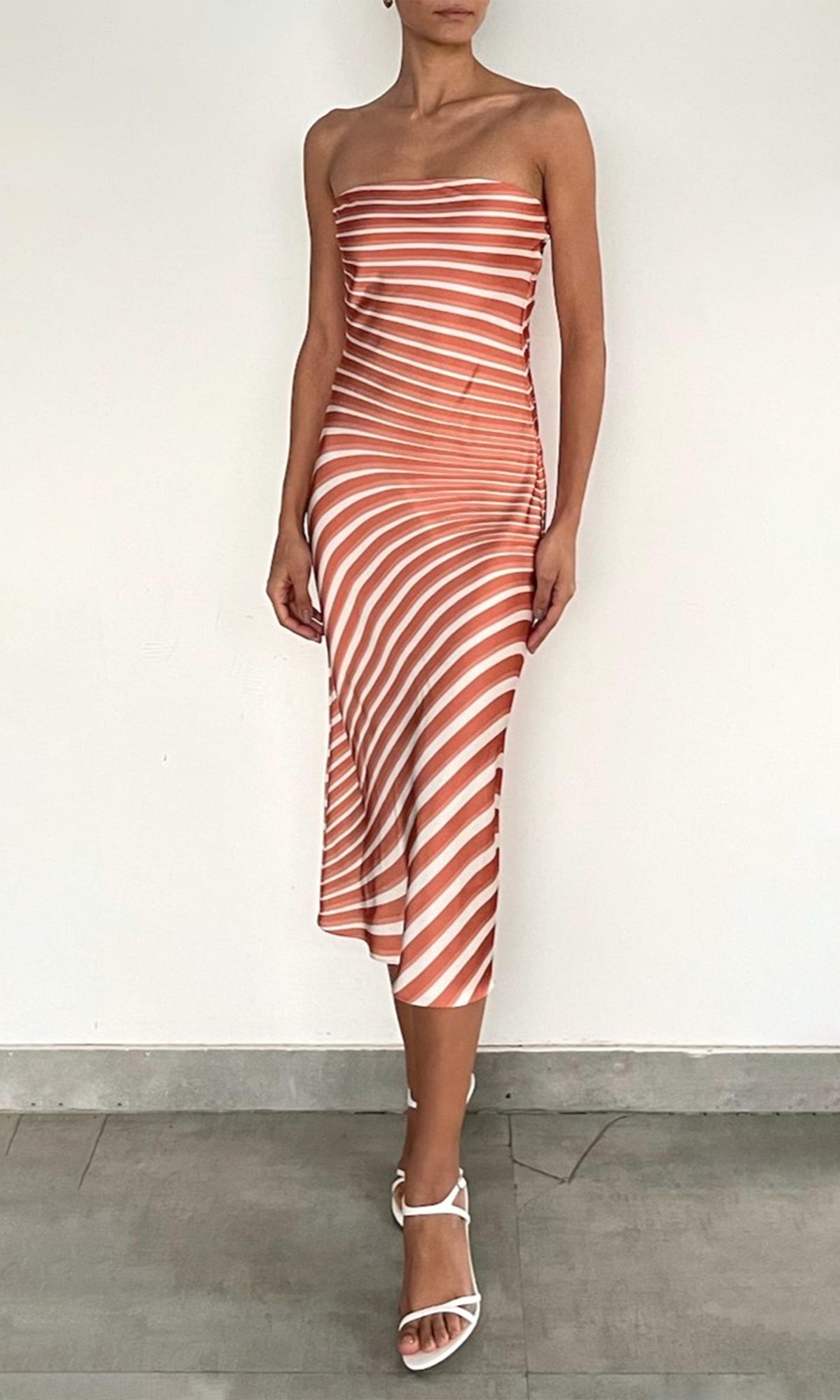 Rococo Sand | Czar Polyester Double Satin Strapless Midi Dress | Off-White Brown