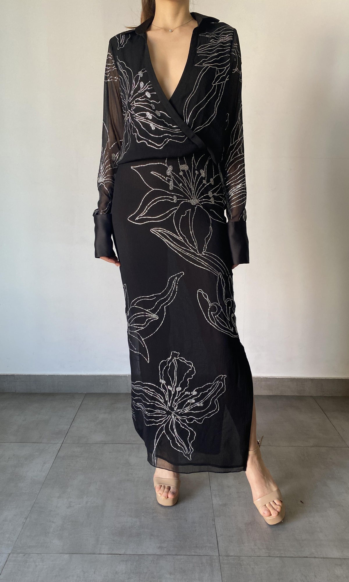 Rococo Sand | Dream Viscose Crinkle Chiffon Long Dress | Black