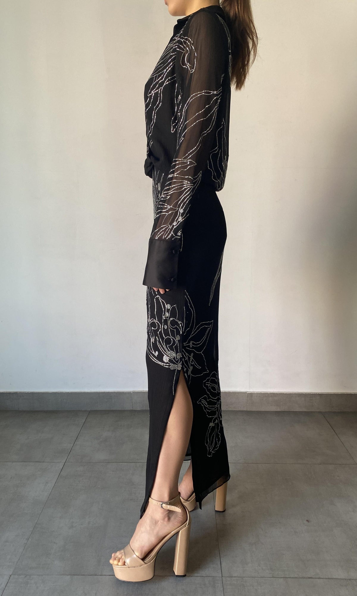 Rococo Sand | Dream Viscose Crinkle Chiffon Long Dress | Black