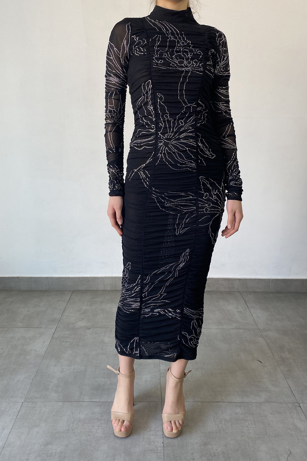 Dream High Neck Long Sleeve Midi Dress | Black