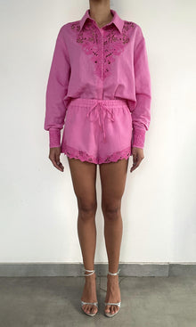 Rococo Sand | Eli Thin Linen Cotton Embroidered Shorts | Khaite Pink