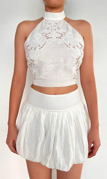 Womens | Eli Thin Linen Cotton Embroidered Halter Crop Top | White