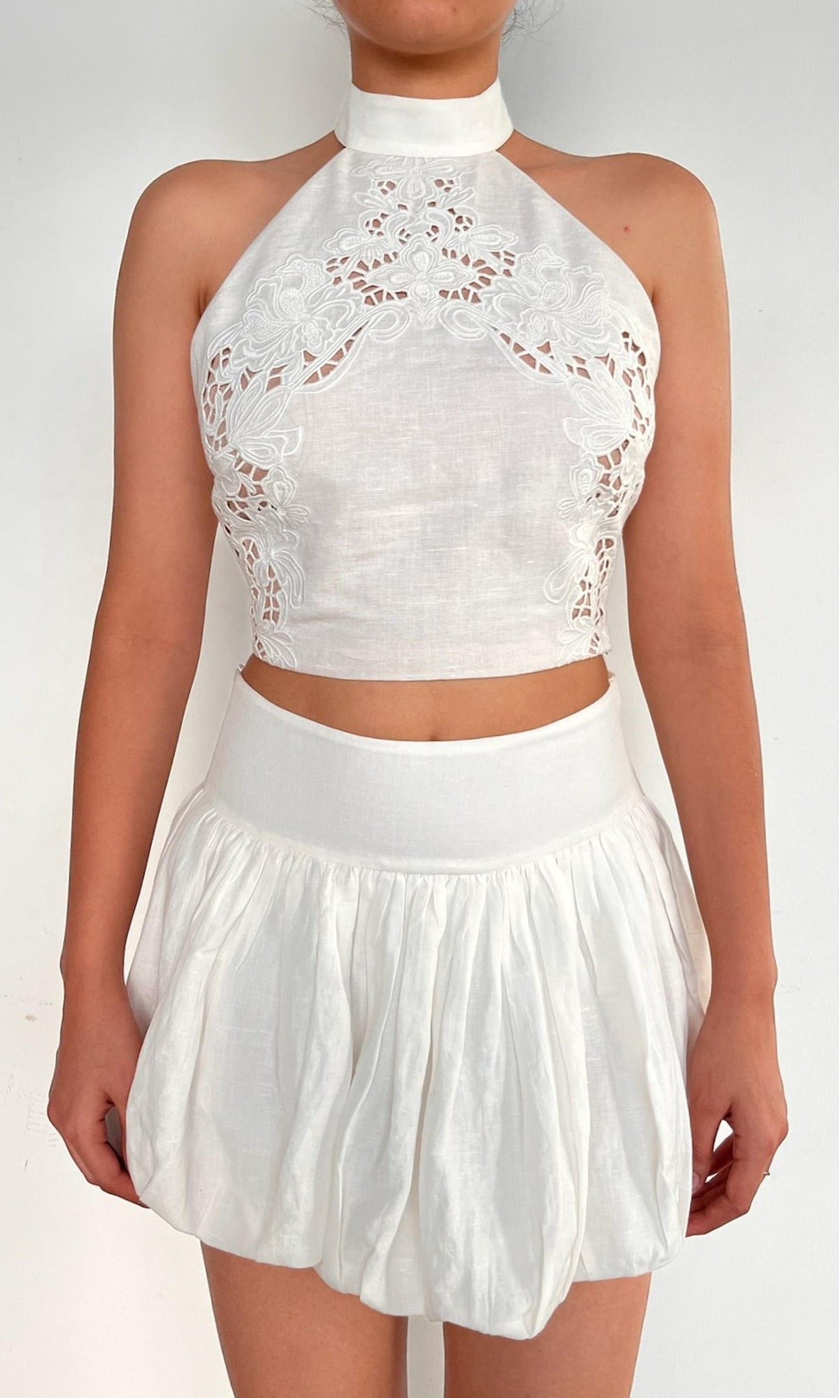 Womens | Eli Thin Linen Cotton Embroidered Halter Crop Top | White