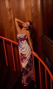 Rococo Sand | Eve Polyester Satin Lycra Off Shoulder Ruched Maxi Dress | Pink Burgundy
