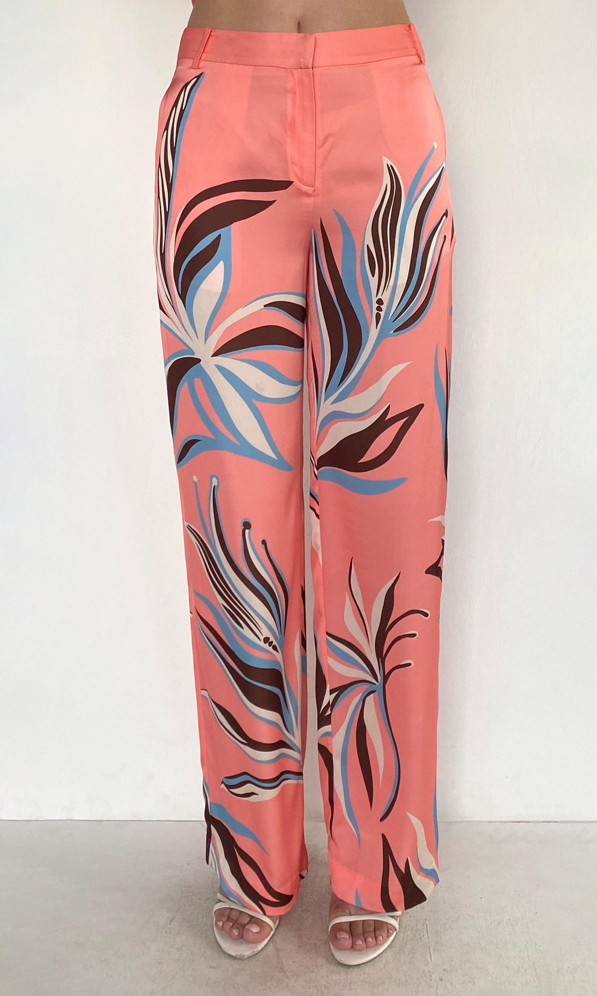 Rococo Sand | Fern Polyester Satin Lycra Straight Pants | Pink
