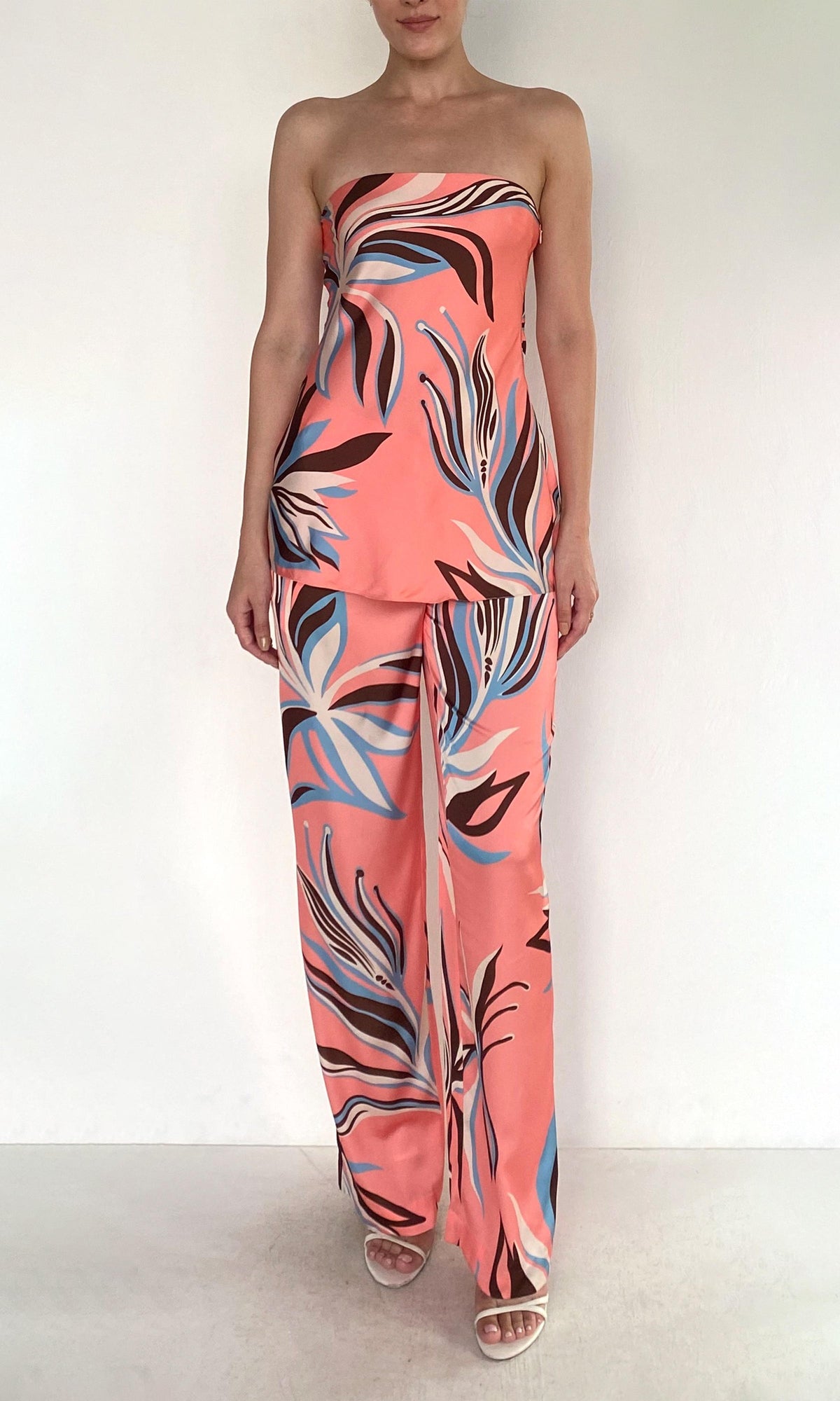 Rococo Sand | Fern Polyester Satin Lycra Straight Pants | Pink
